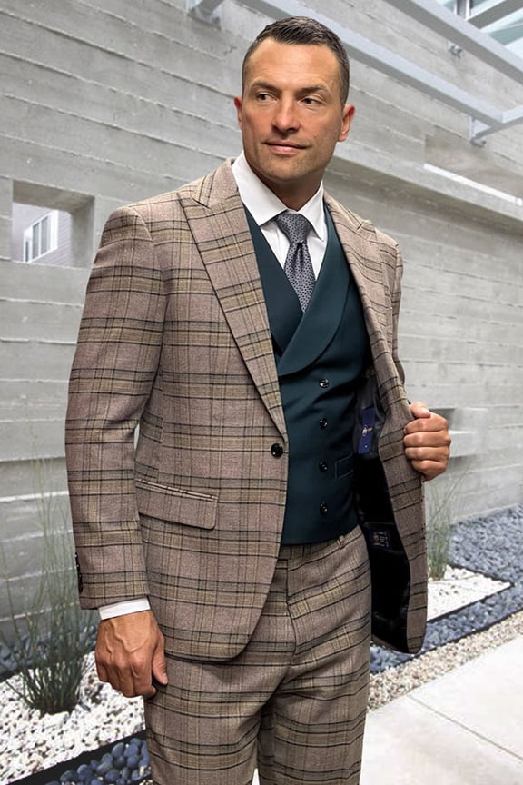 Men's Statement Suits Jade Green & Brown Windowpane Wool Suit 54 Long