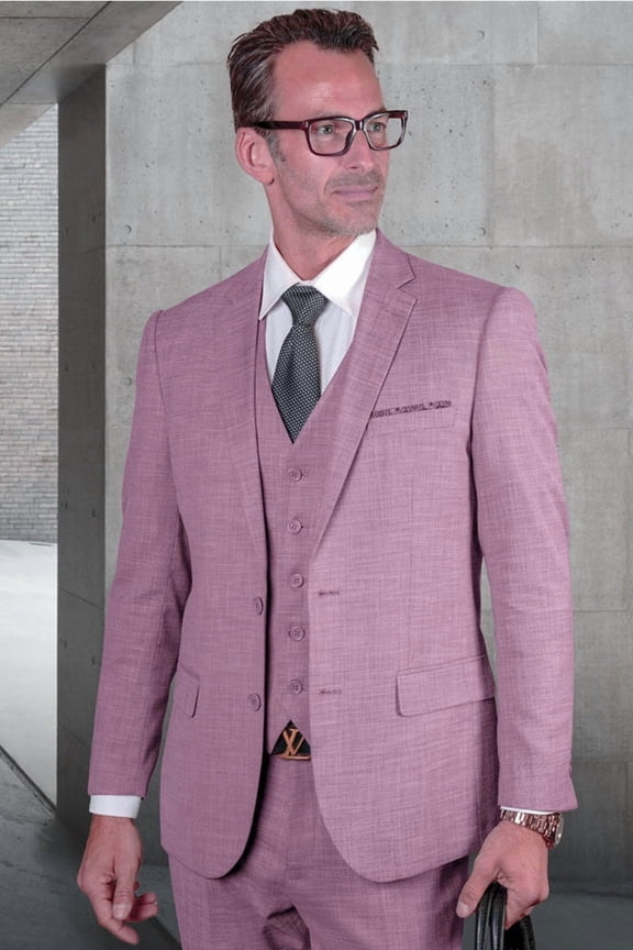 Men's Statement Suits Lavender Wool Sharkskin Suit with Vested Detail 56 Long