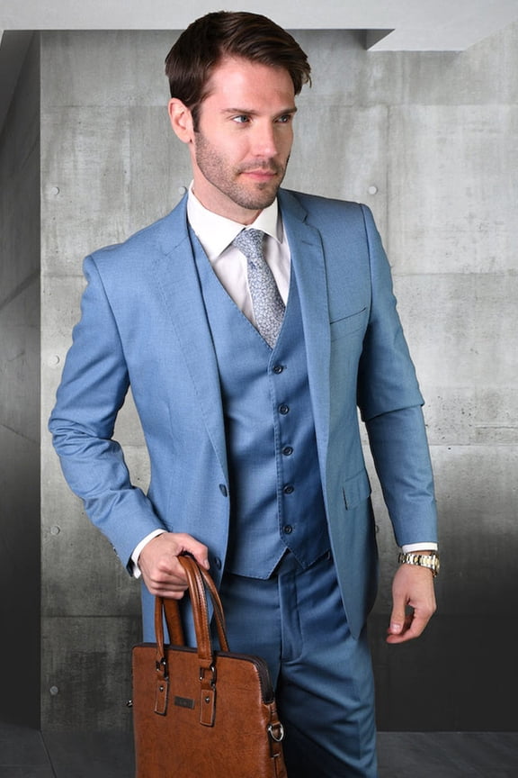 Men's Statement Suits Modern Fit Wool Suit Steel Blue 38 Regular