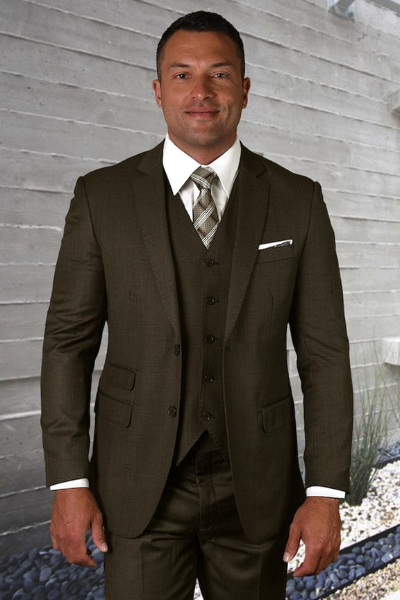 Men's Statement Suits Modern Taupe Wool Suit from 54 Long