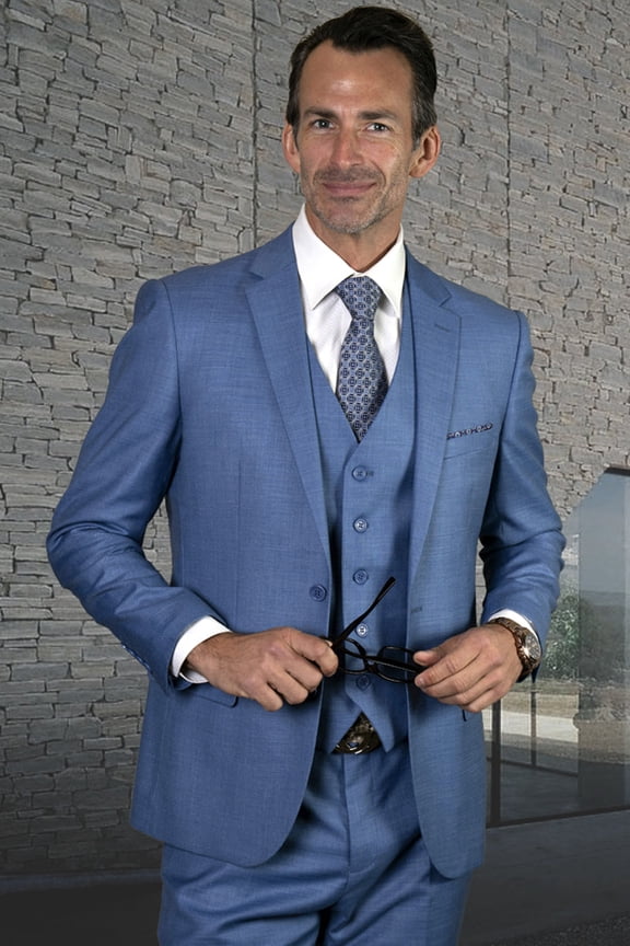 Men's Statement Suits Steel Blue Wool Sharkskin Suit 36 Regular