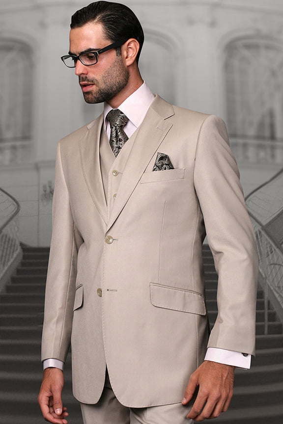 Men's Statement Suits Tan Wool Suit with Vested Modern Fit 46 Regular