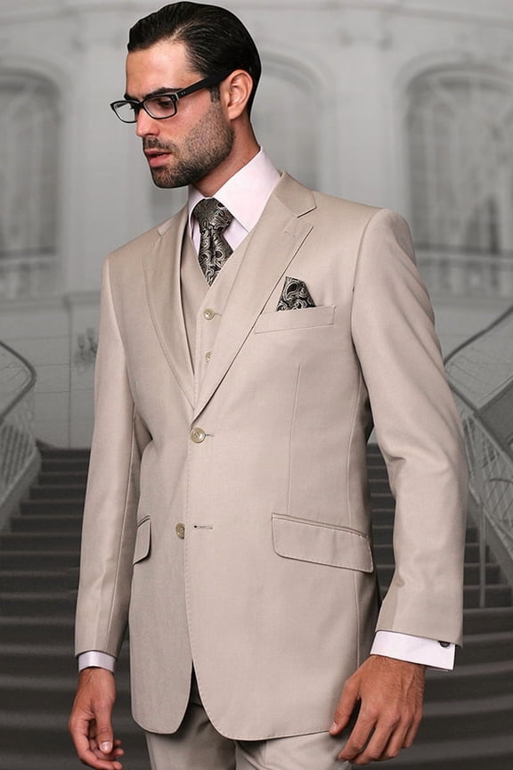 Men's Statement Suits Tan Wool Suit with Vested Modern Fit 52 Long