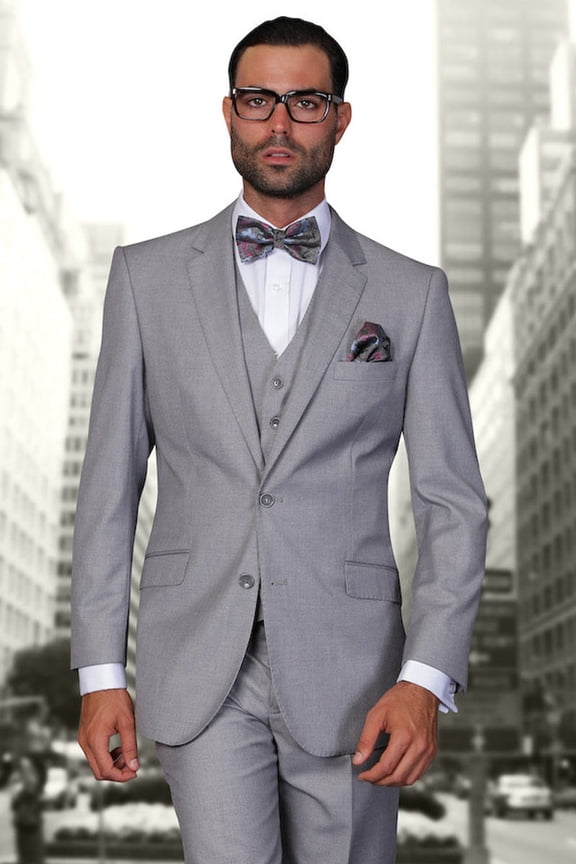 Men's Statement Suits Vested Modern Fit Wool Suit Grey 56 Long