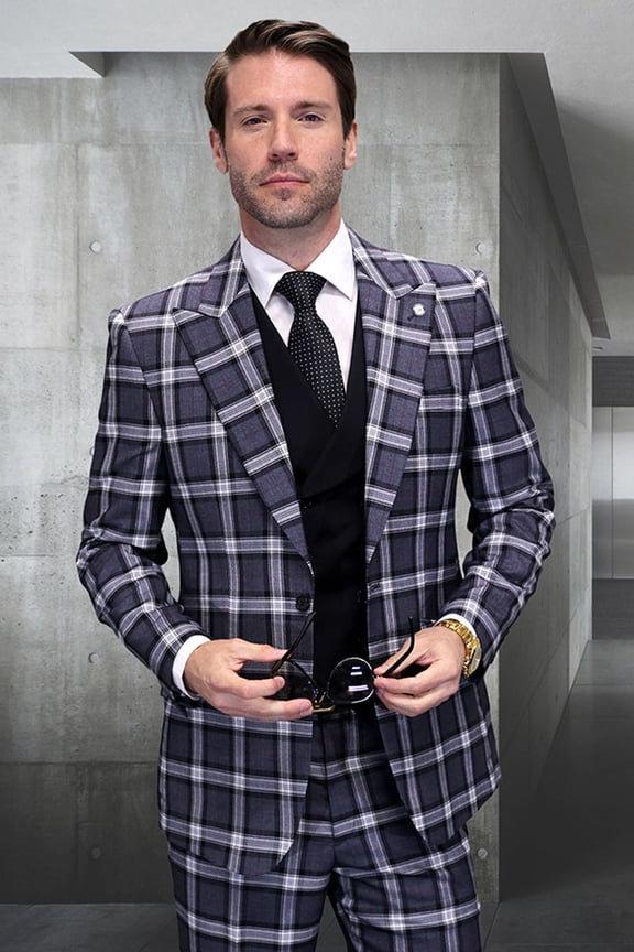 Men's Statement Suits Wide Peak Lapel Wool Plaid Suit Grey 54 Long