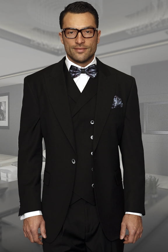 Men's Statement Suits Wool Vested Suit with Wide-Leg Trousers Black 52 Regular