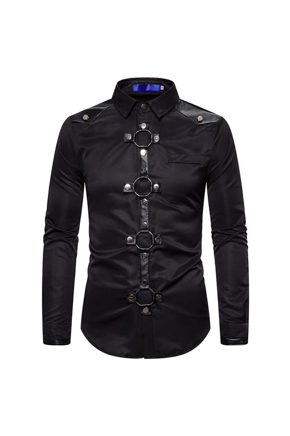 Men's Steam Punk Shirts Novelty Button Up Tops Short Sleeve Gothic T Shirt Fashion Goth Blouses Ring Rivet Tshirts