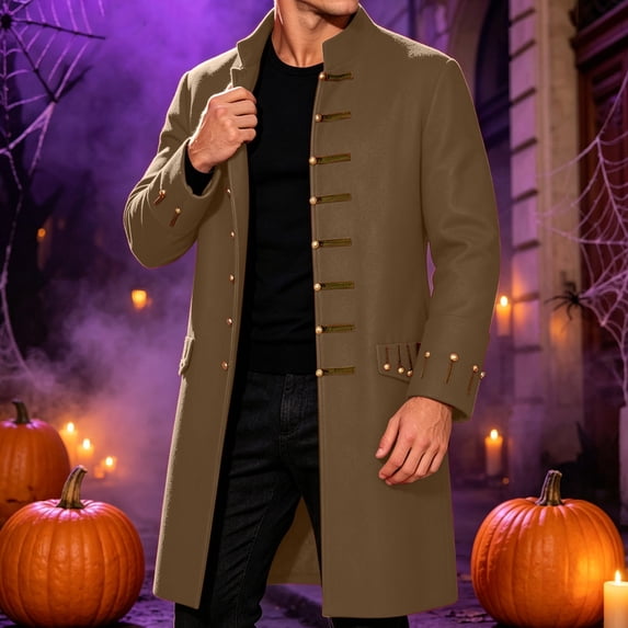 Men's Steampunk Victorian Frock Coat Vintage Gothic Tailcoat Jacket Stand Collar Button Down Military Uniform Costume Ringmaster Halloween Cosplay