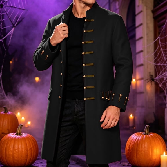 Men's Steampunk Victorian Frock Coat Vintage Gothic Tailcoat Jacket Stand Collar Button Down Military Uniform Costume Ringmaster Halloween Cosplay