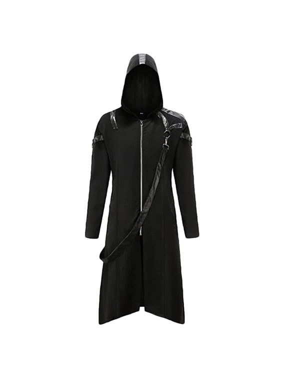 Men's Steampunk Vintage Tailcoat Long Hooded Jacket Full Zipper Gothic Victorian Frock Uniform Costume Sizes S-2XL Black