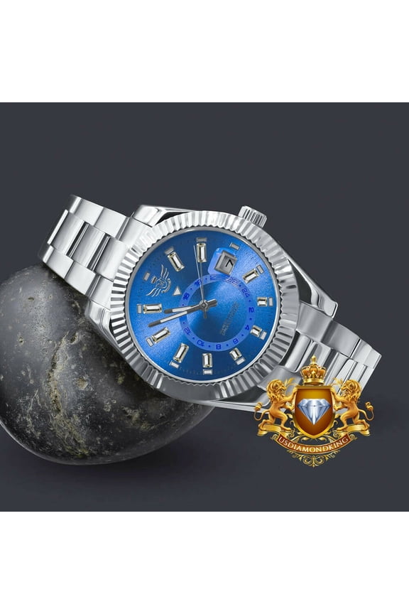 Men's Steel Blue Dial 18K White Gold Tone Simulated Diamond 40mm Watch W/Date