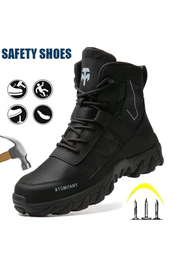 Men's Steel Toe Safety Boots,Non Slip Ankle Protection Safety Shoes,Puncture-Resistant Work Shoes for Factory|Construction|hiking|Outdoor,Black Size 9.5