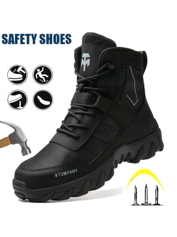 Men's Steel Toe Safety Boots,Non Slip Ankle Protection Safety Shoes,Puncture-Resistant Work Shoes for Factory|Construction|hiking|Outdoor,Black Size 9.5