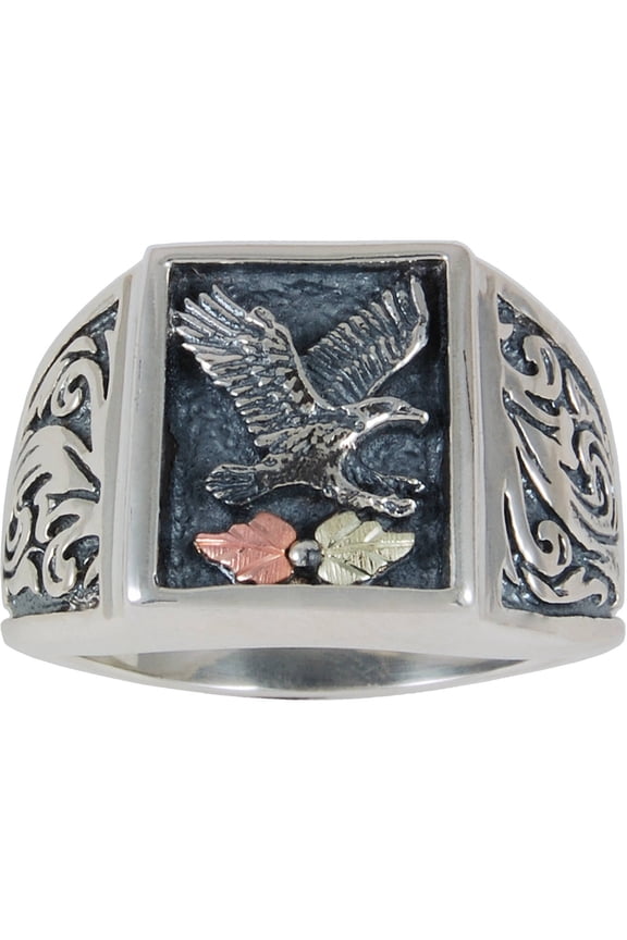 Men's Sterling Silver 12kt Leaf Accented Oxidized Eagle Ring