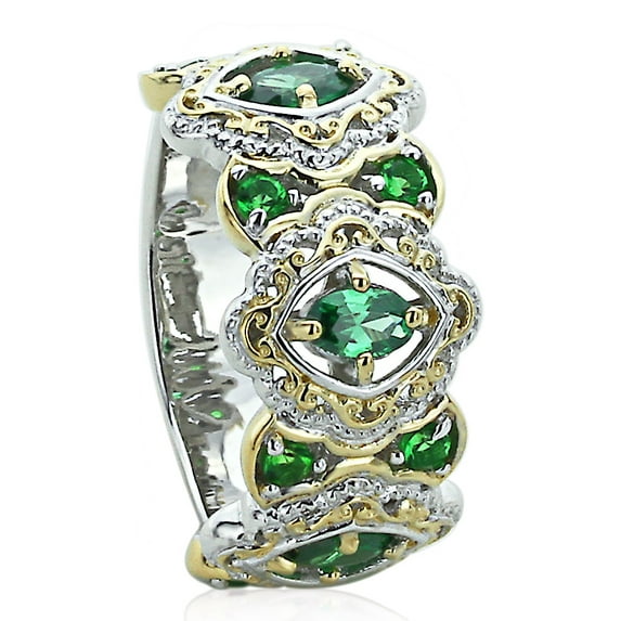 Men's Sterling Silver 14K Gold Plated Two Tone Marquise Simulated Emerald CZ Anniversary Ring ( Size 5 to 9 )