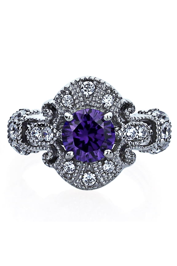 Men's Sterling Silver 1ct Round Simulated Amethyst CZ Vintage Style Cocktail Ring ( Size 5 to 9 )