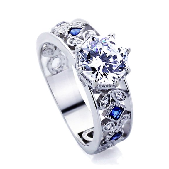 Men's Sterling Silver 2ct Octagon Cut CZ Simulated Blue Sapphire CZ Accent Engagement Ring ( Size 5 to 9 )