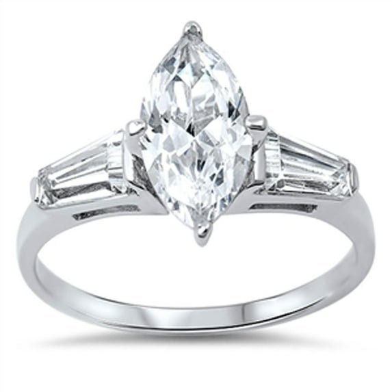 Men's Sterling Silver Baguette Accent Marquise CZ Solitaire Engagement Ring 14MM ( Size 5 to 10 )