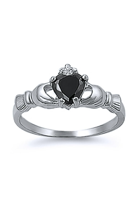 Men's Sterling Silver Black CZ Heart Claddagh Ring 9MM ( Size 3 to 12 )