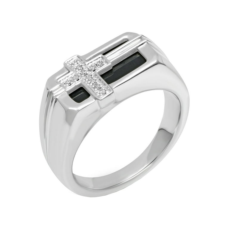 Mens Cross Diamond Band Ring Rhodium-plated Sterling Silver 1/20 CTW 3 Diamonds Mens Cross Diamond Band Ring Rhodium-plated Sterling Silver 1/20 CTW 3 Diamonds