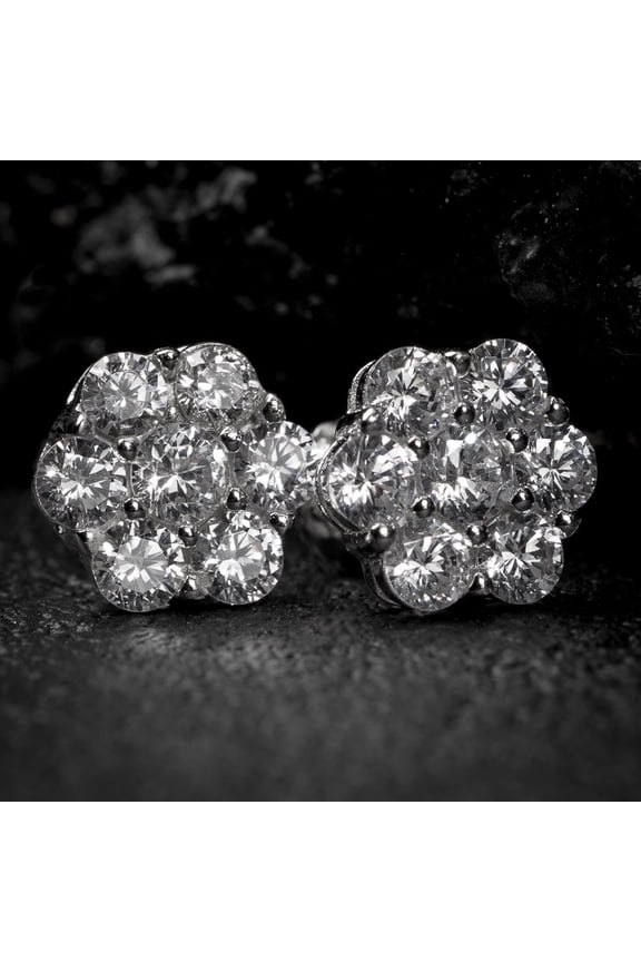 Flower Cluster Brilliant White Gold Plated 925 Sterling Silver Screw Back Post Iced Cz Circle Stud Round Hip Hop Earrings