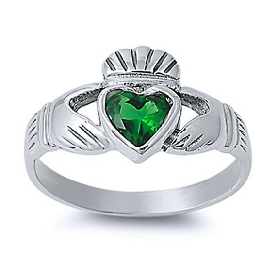 Men's Sterling Silver Heart Green Color CZ Claddagh Ring 12MM ( Size 4 to 10 )