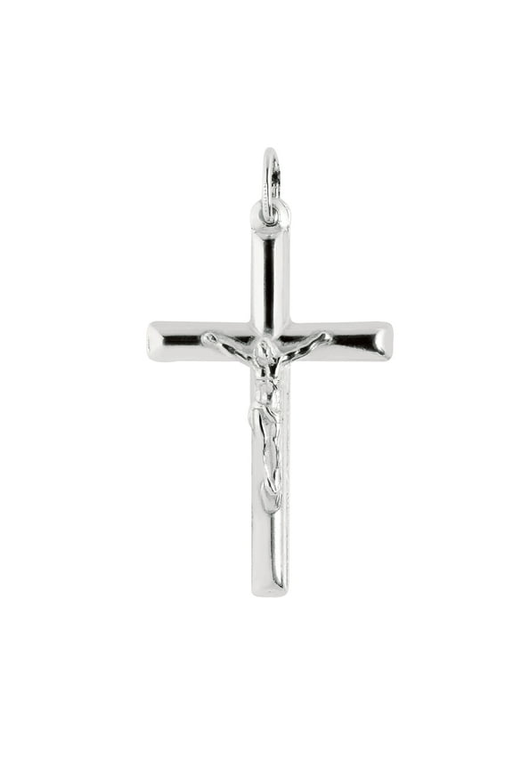 Men's Sterling Silver Large Tubular Crucifix Cross Charm Necklace 24 Inches
