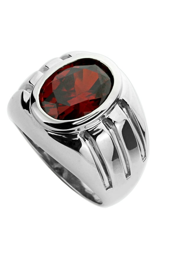 Men's Sterling Silver Oval Cut Simulated Garnet CZ Domed Mens Cocktail Ring 11MM ( Size 9 to 13 )