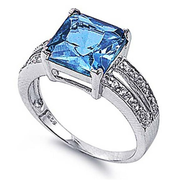 Men's Sterling Silver Princess Cut Aqua Blue color CZ Engagement Ring 11MM ( Size 5 to 10 )