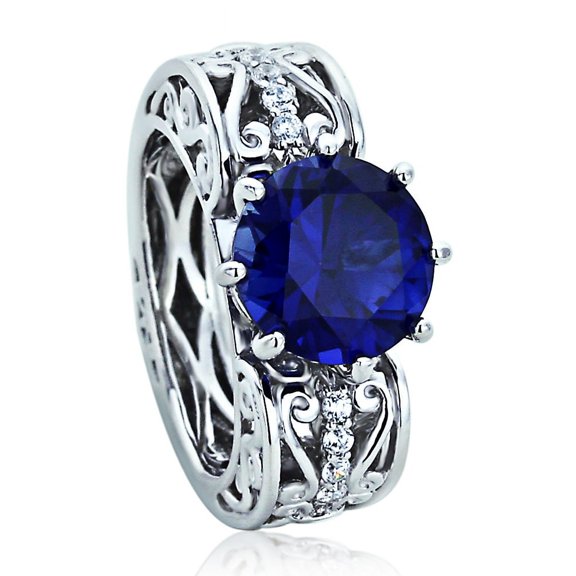 Men's Sterling Silver Queen's Heart 3.5ct Round Simulated Blue Sapphire CZ Cocktail Ring ( Size 5 to 9 )