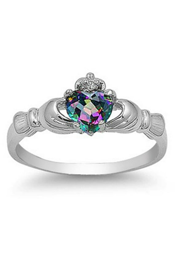 Men's Sterling Silver Rainbow Mystic Color CZ Heart Claddagh Ring 9MM ( Size 3 to 13 )