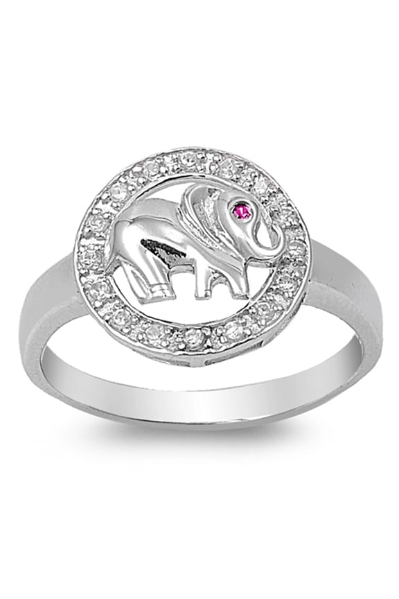 Men's Sterling Silver Red Color CZ Lucky Elephant Ring 12MM ( Size 4 to 9 )