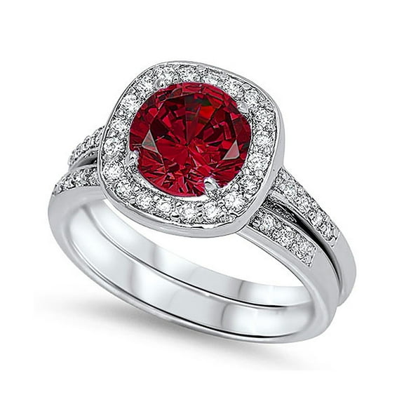Men's Sterling Silver Round Simulated Ruby CZ Halo Wedding Ring Set 12MM ( Size 5 to 9 )