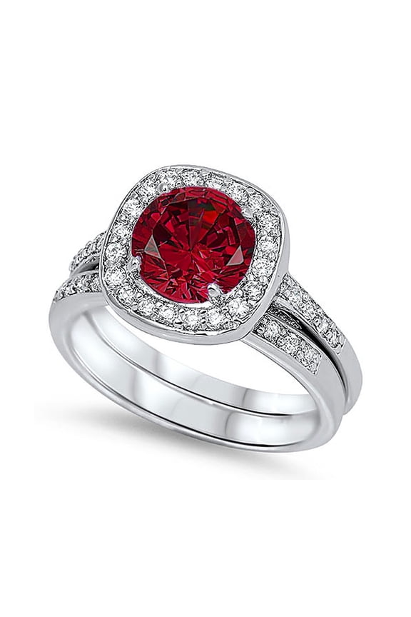 Men's Sterling Silver Round Simulated Ruby CZ Halo Wedding Ring Set 12MM ( Size 5 to 9 )