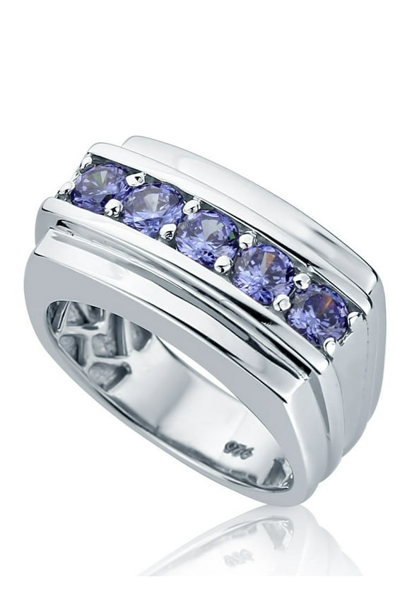 Men's Sterling Silver Round Simulated Tanzanite CZ Five Stone Men's Wedding Anniversary Ring ( Size 9 to 14 )