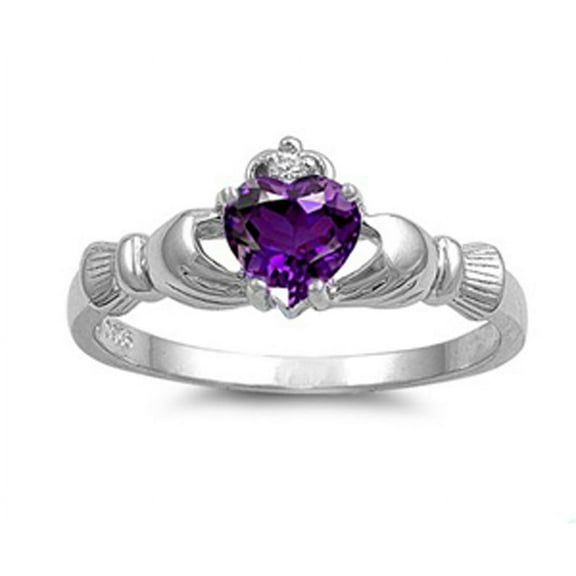 Men's Sterling Silver Simulated Amethyst CZ Heart Claddagh Ring 9MM ( Size 4 to 12 )
