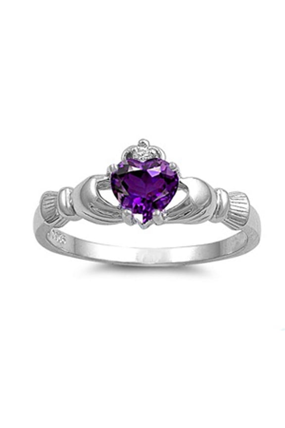 Men's Sterling Silver Simulated Amethyst CZ Heart Claddagh Ring 9MM ( Size 4 to 12 )