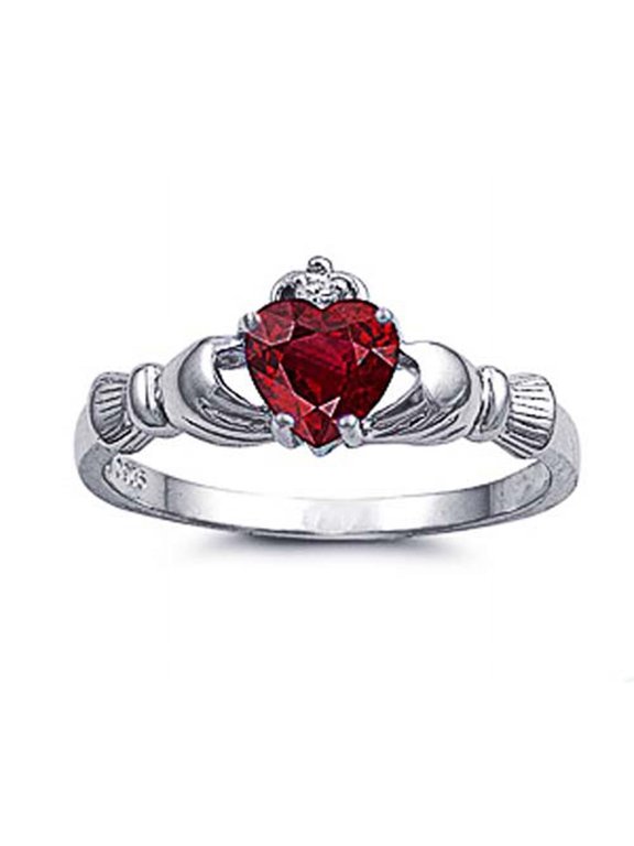 Men's Sterling Silver Simulated Ruby CZ Heart Claddagh Ring 9MM ( Size 4 to 12 )
