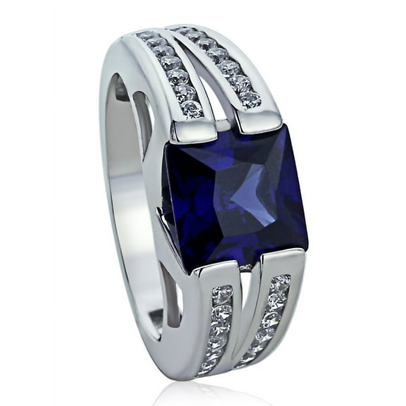 Men's Sterling Silver Square Simulated Blue Sapphire CZ Flat Top Modern Style Cocktail Ring ( Size 5 to 9 )