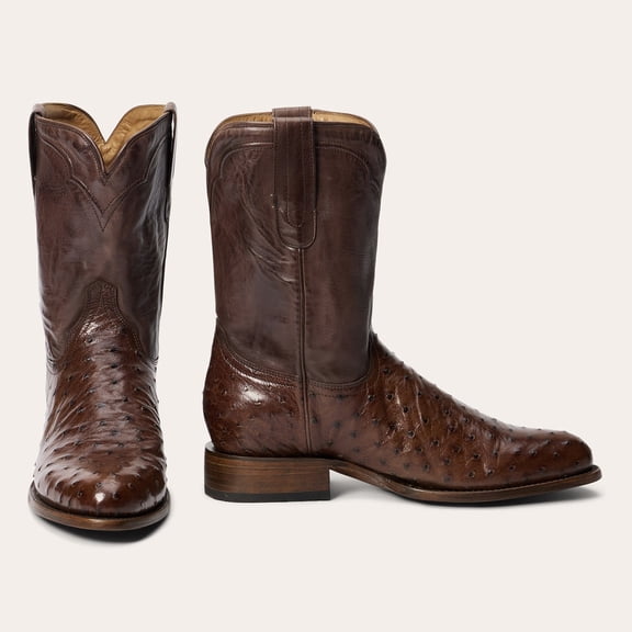 Men's Stetson Austin Ostrich Boots Handcrafted Round Toe Brown
