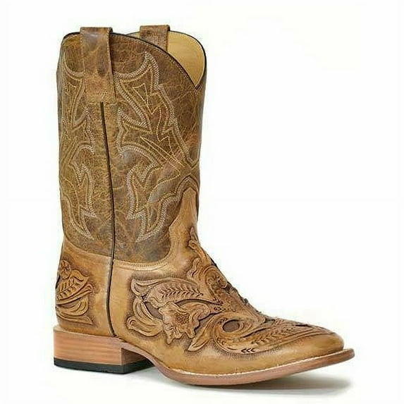 Men's Stetson Handtooled Wicks Leather Boots Handcrafted Brown