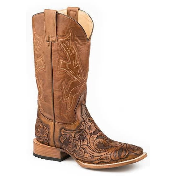 Men s Stetson Handtooled Wicks Leather Boots Handcrafted Tan