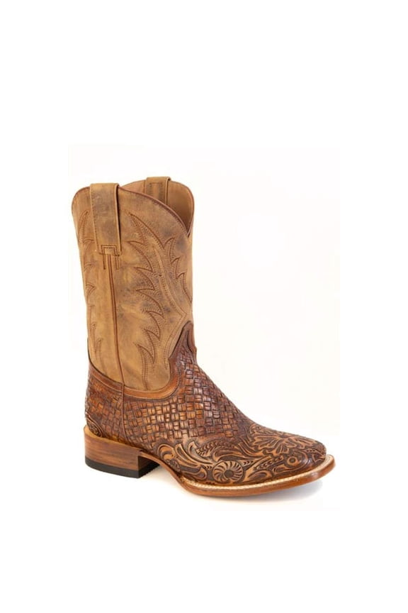 Men's Stetson Saddle Leather Boots Handcrafted Square Toe Brown