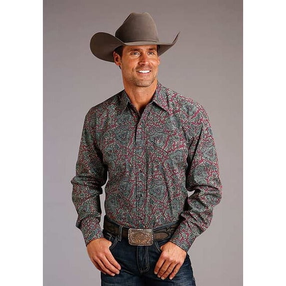 Men's Stetson Shirt Snap 2 Pocket Print Merlot Paisley - Wine