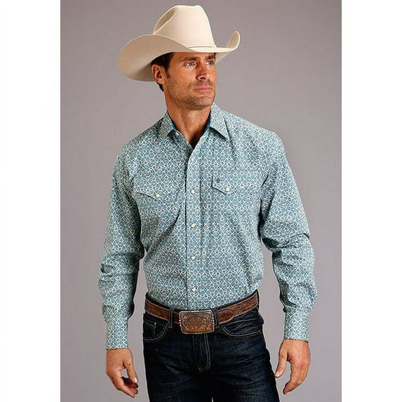 Men's Stetson Shirt Snap 2 Pocket Print Vintage Pattern - Blue