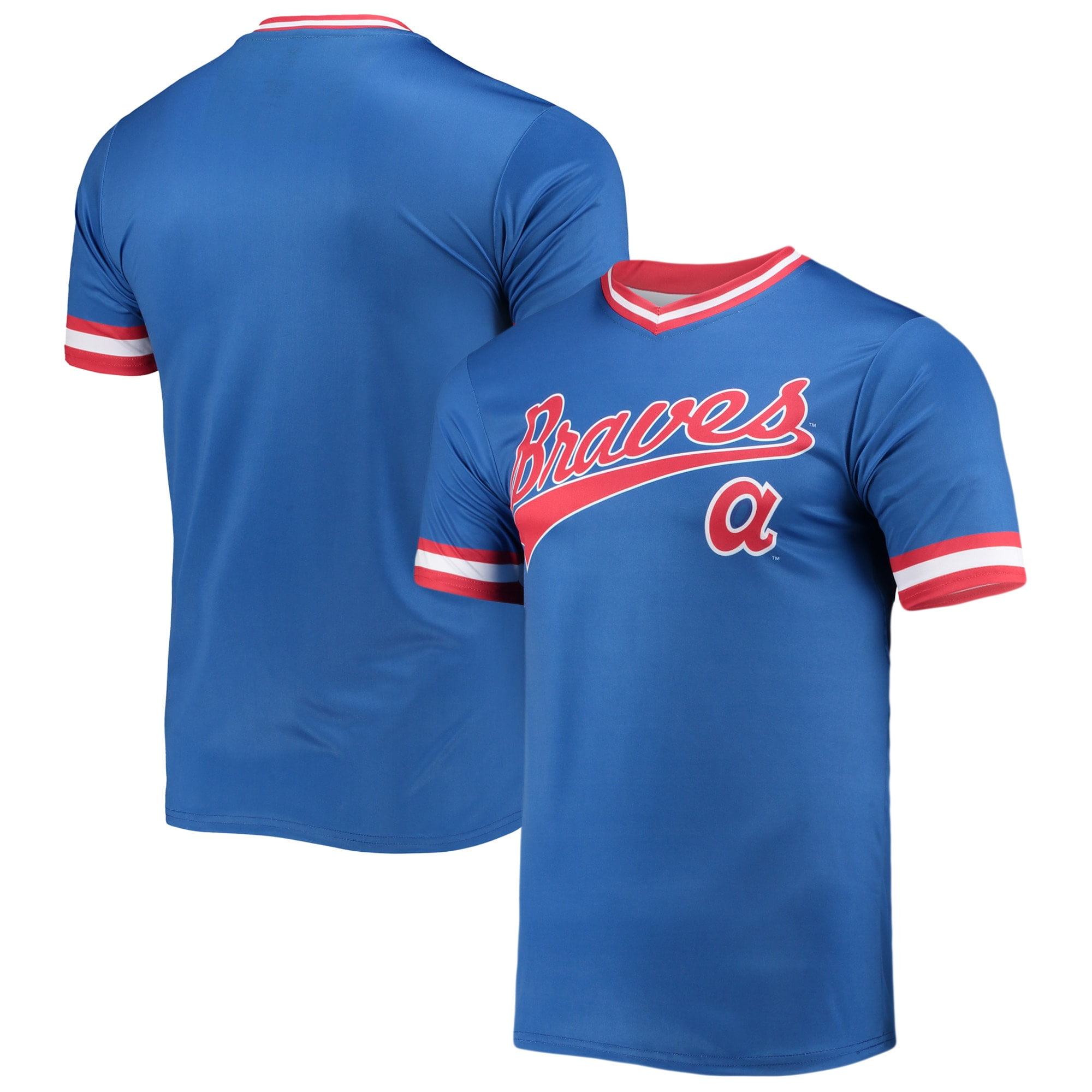 Men's Stitches Royal/Red Atlanta Braves Cooperstown Collection V-Neck Team  Color Jersey 