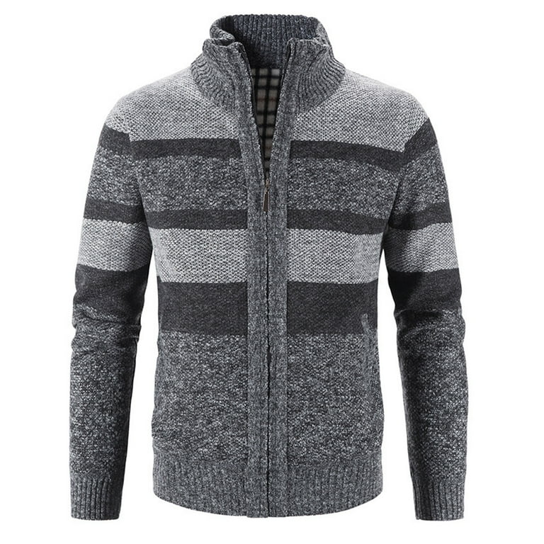 Men s Stitching Color Stand Collar Zipper Long Sleeve Pocket Warm Cardigan Lightweight Knit Jacket Coat for Work Home