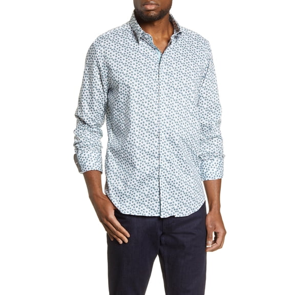 Men's Stone Rose Leaf Print Button-Up Shirt, Size X-Large - White
