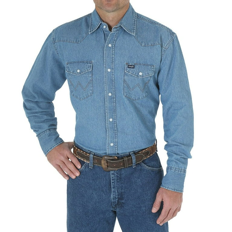 Wrangler Men's Stonewash Light Denim Work Shirt with Pearl Snaps