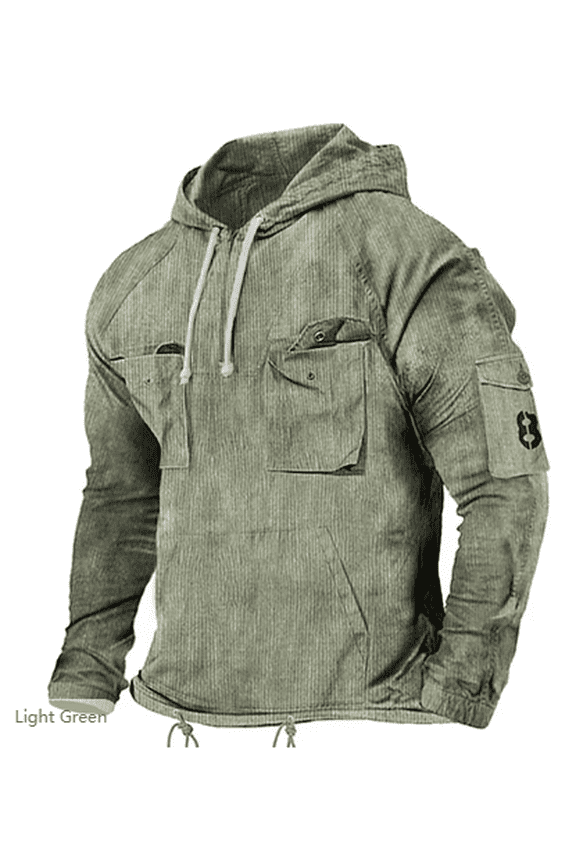 Men's Stonewashed Cotton Hooded Shacket Casual Button Down Drawstring Long Sleeve Retro Boho Jacket with Flap Kangaroo Pockets